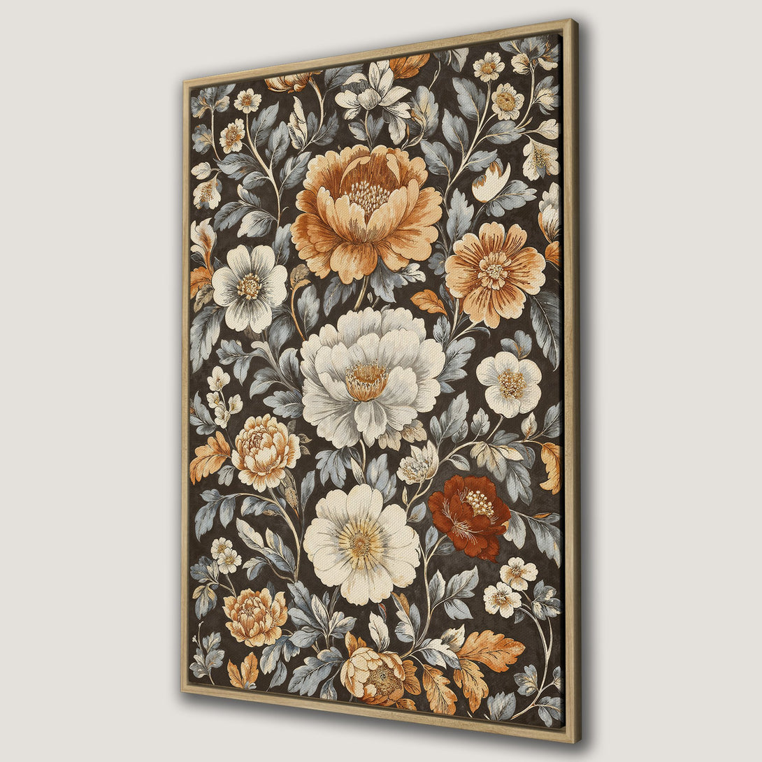 Framed Wall Art featuring a vintage floral pattern in a warm, earthy color palette. Perfect for adding a touch of elegance to any space.
