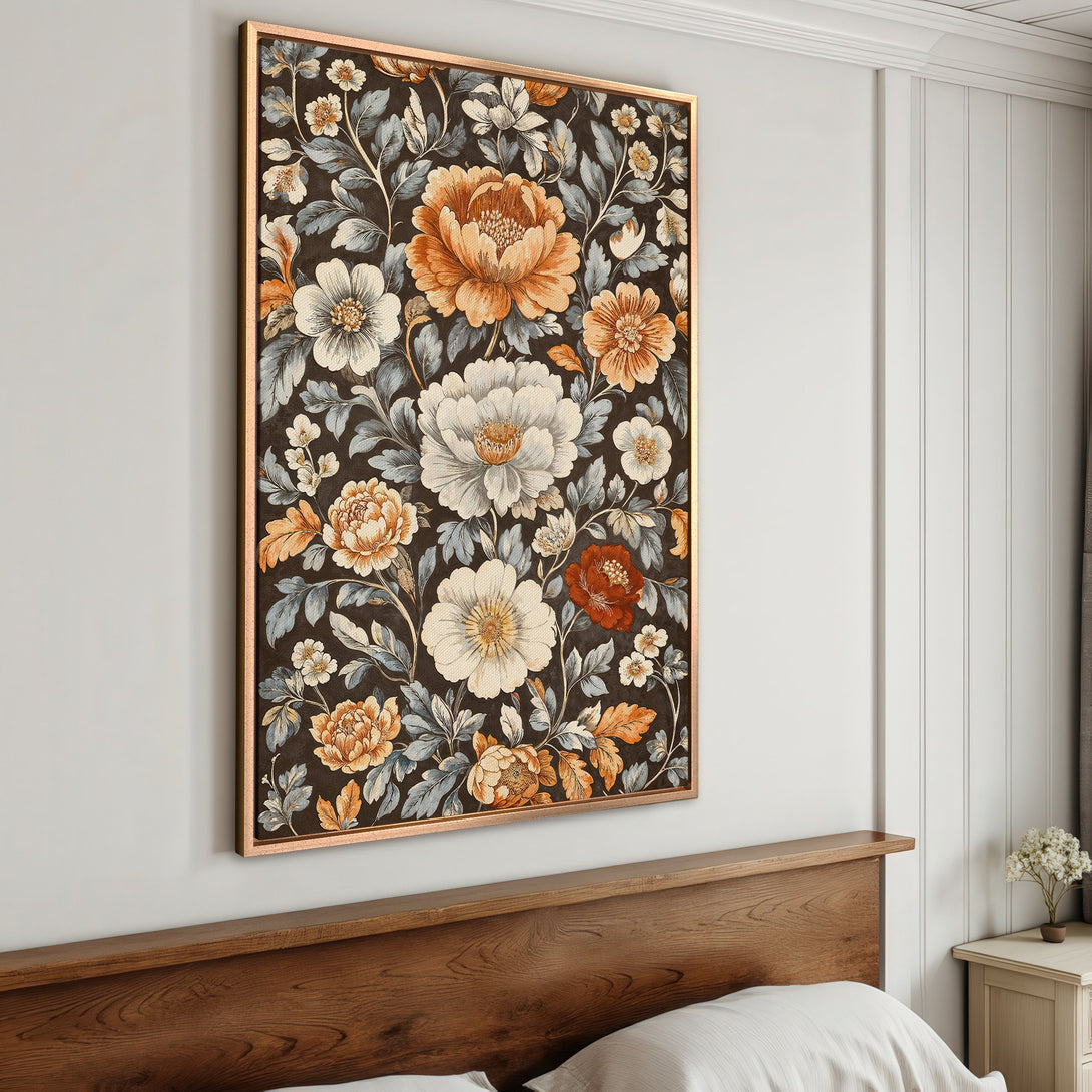 Framed Wall Art featuring a vintage floral design in warm orange, cream, and blue hues. Perfect for adding a touch of elegance to any room.