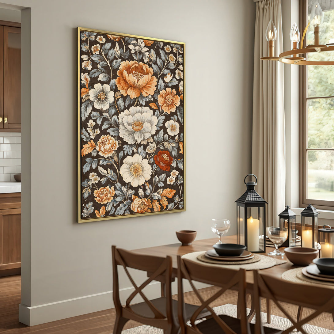 Canvas Print of floral artwork in warm tones, displayed in a rustic interior. Features a dark background with orange, white, and blue flowers.