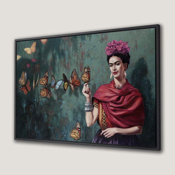 Framed Wall Art: Frida Kahlo portrait with butterflies, vibrant red and teal color palette. Perfect for adding artistic flair to your home decor.