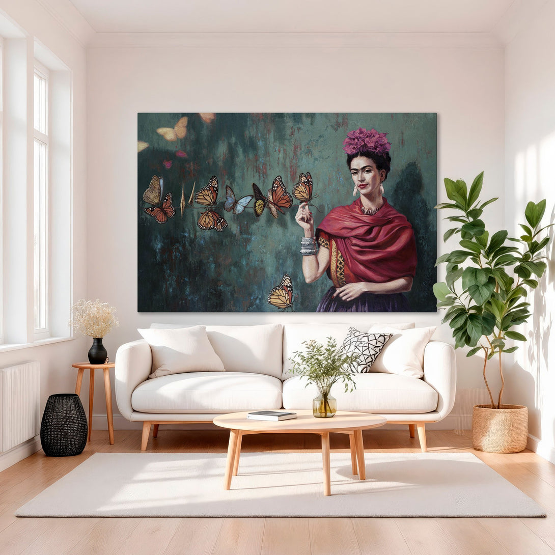 Framed Wall Art featuring Frida Kahlo with butterflies, vibrant colors, and a teal/red palette. Perfect for adding artistic flair to your space.