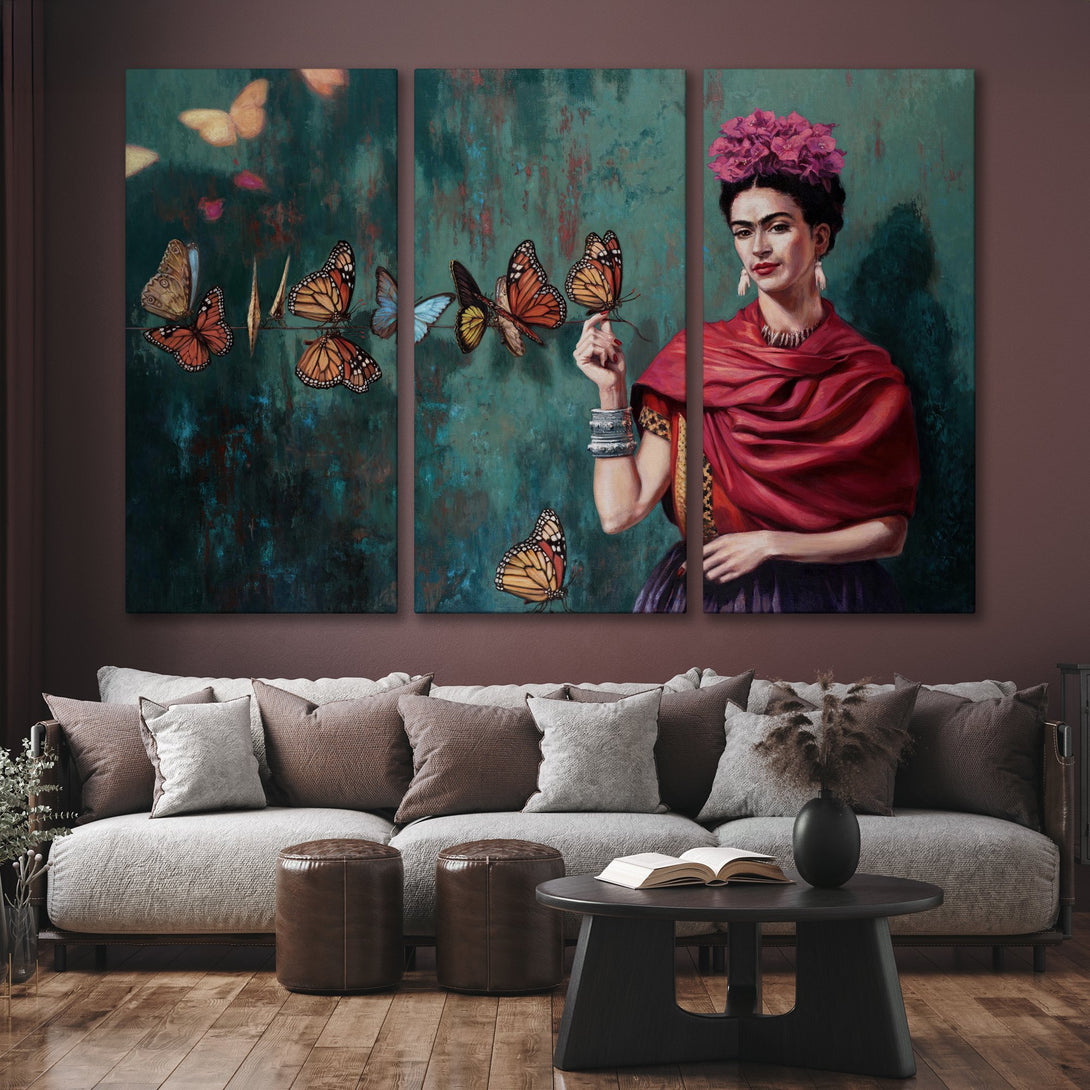 Canvas Print of Frida Kahlo with butterflies, vibrant colors and a teal background. Perfect wall art for a stylish interior.