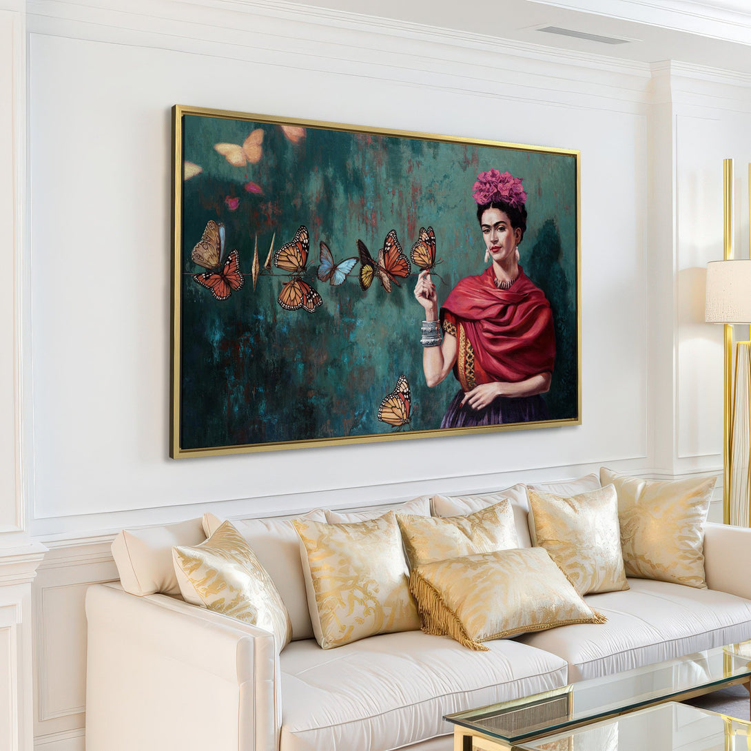 Canvas Print of Frida Kahlo with butterflies, vibrant colors in a modern living room. Perfect wall art for a pop of color.