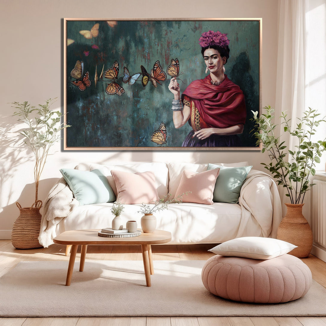 Framed Wall Art: Frida Kahlo portrait with butterflies, vibrant colors & teal background. Perfect for living room decor. Adds artistic flair!