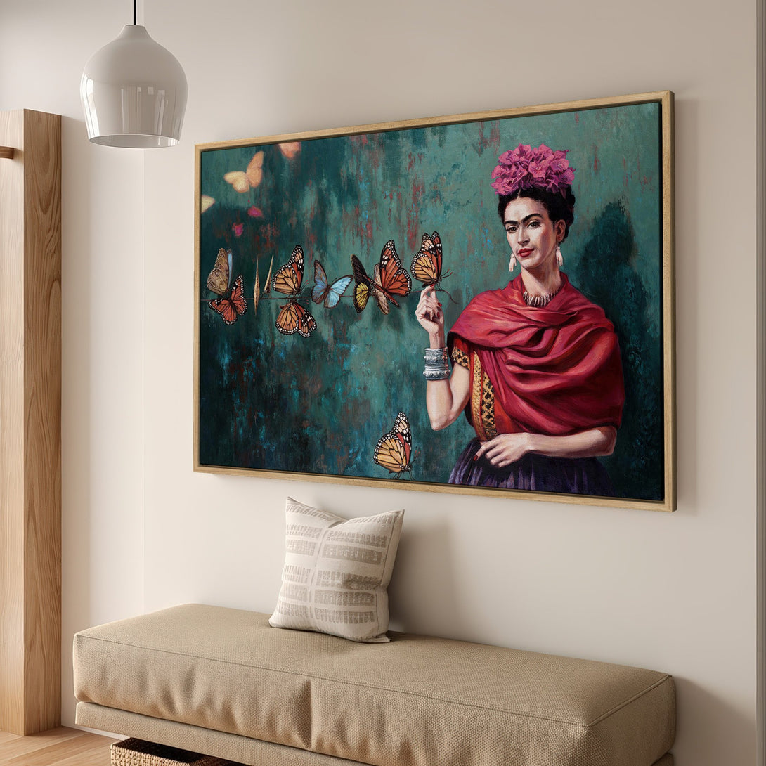 Framed Wall Art featuring Frida Kahlo with butterflies. Vibrant teal, red, and orange color palette. Add a touch of art and culture to your space!