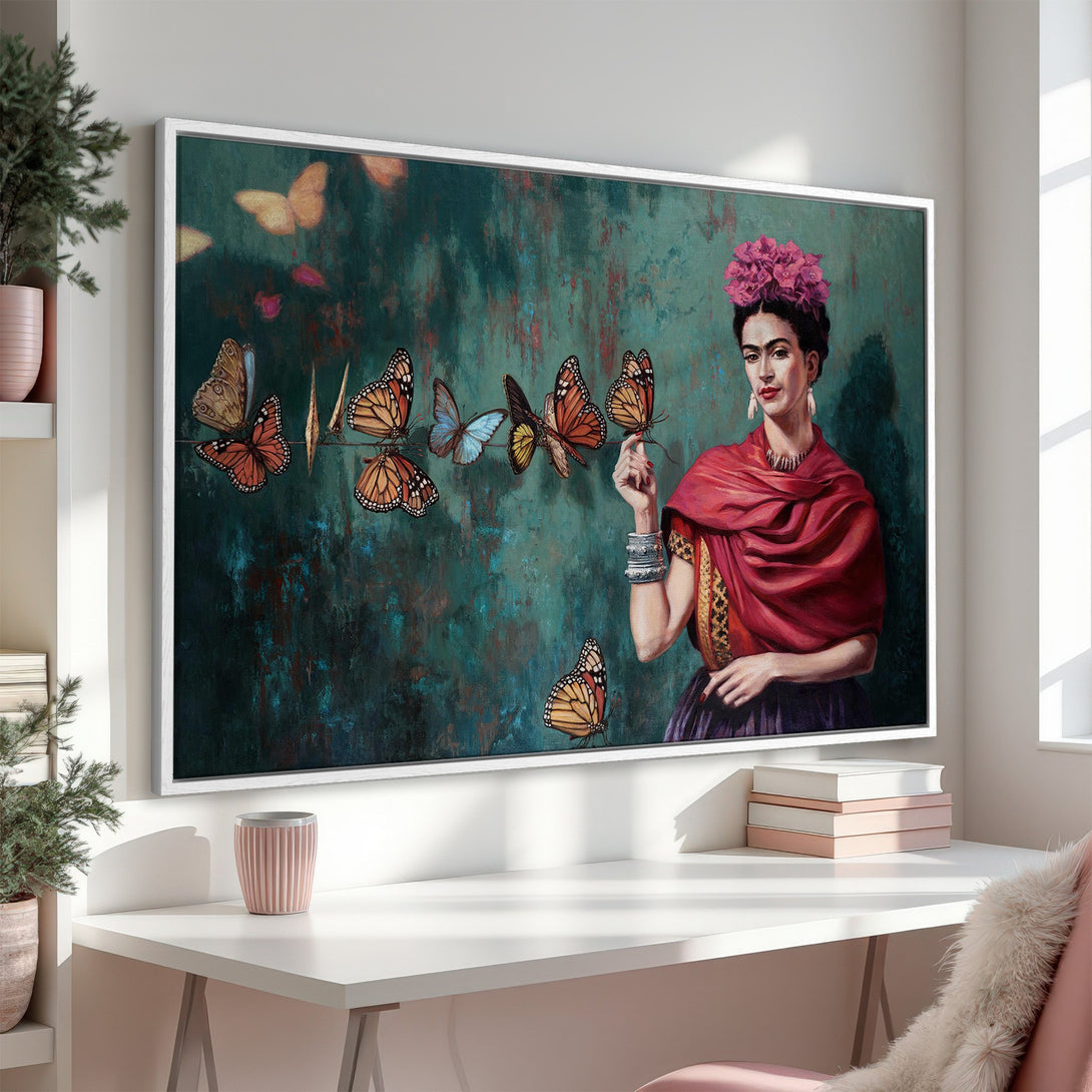 Framed Wall Art featuring Frida Kahlo portrait with butterflies, vibrant teal & orange color palette. Add artistic flair to your home with this canvas print!