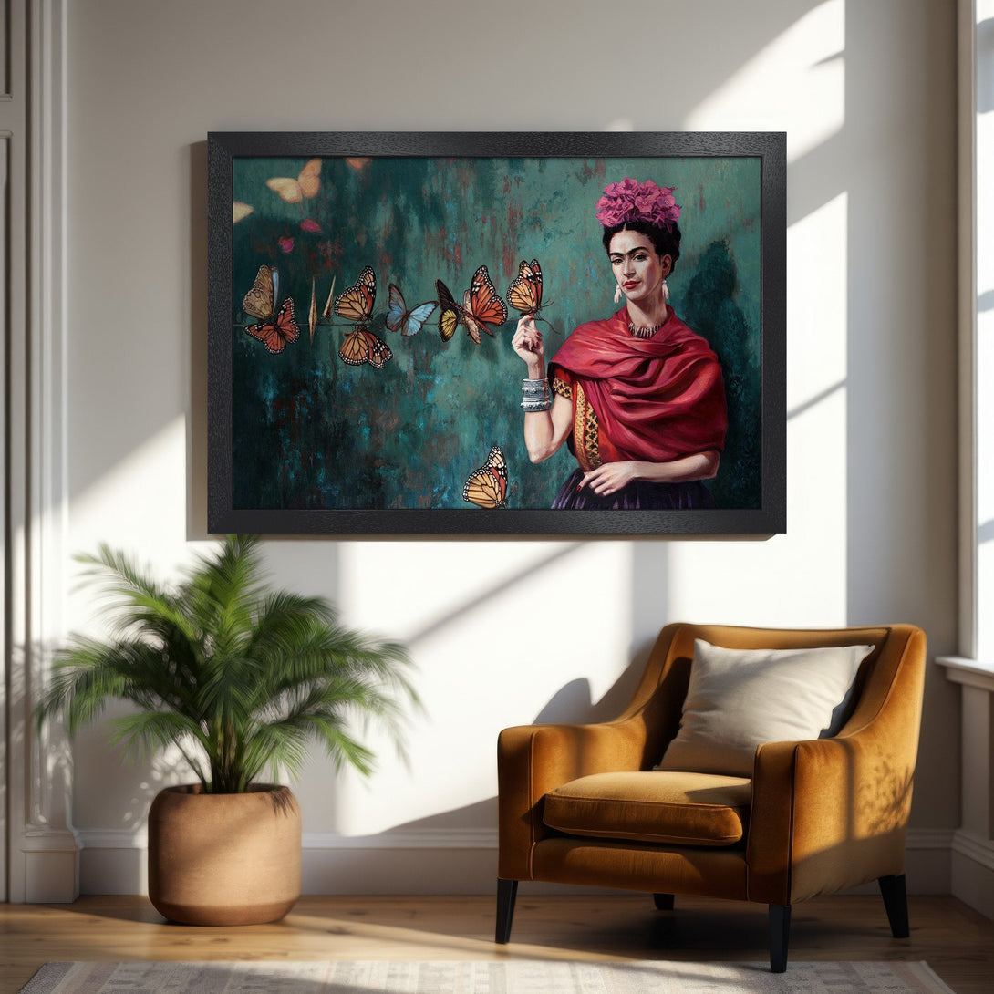 Framed Poster of Frida Kahlo with butterflies, vibrant colors & artistic style. Perfect wall art for your home!
