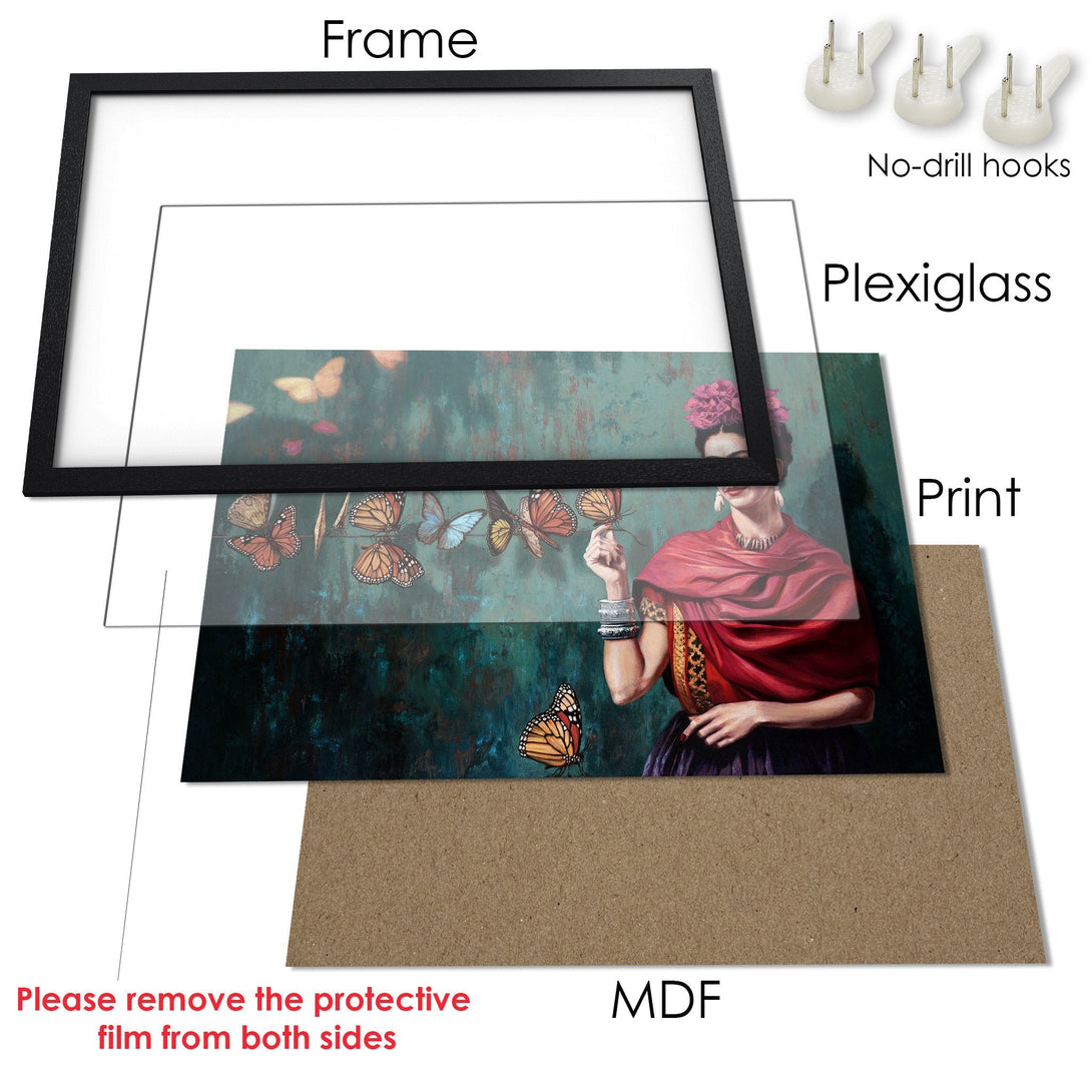 Framed Poster featuring a Frida Kahlo-inspired portrait with butterflies, in a vibrant teal, red, and gold color palette.
