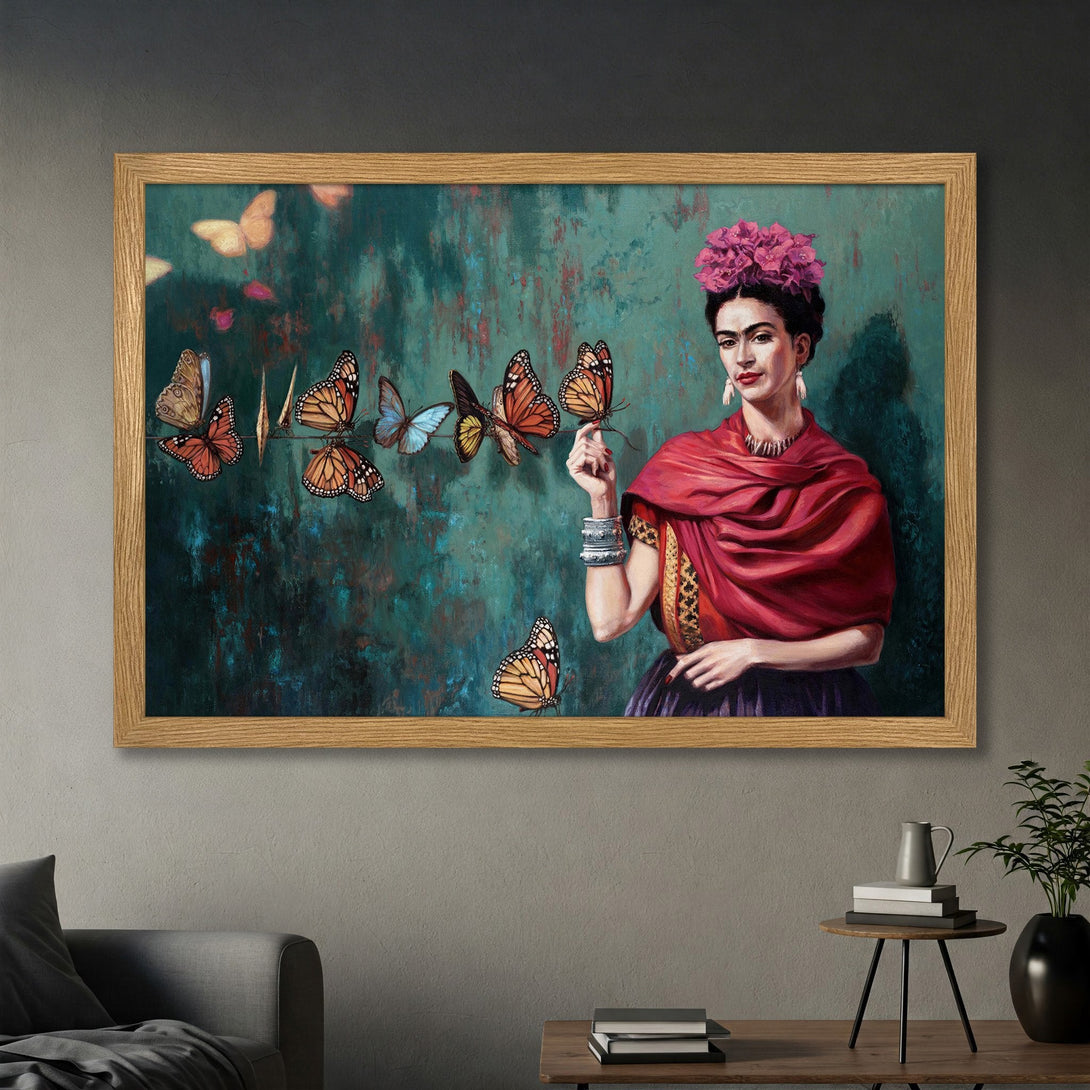 Framed Poster featuring Frida Kahlo with butterflies, vibrant colors, and a bold artistic style. Perfect wall art for your home!