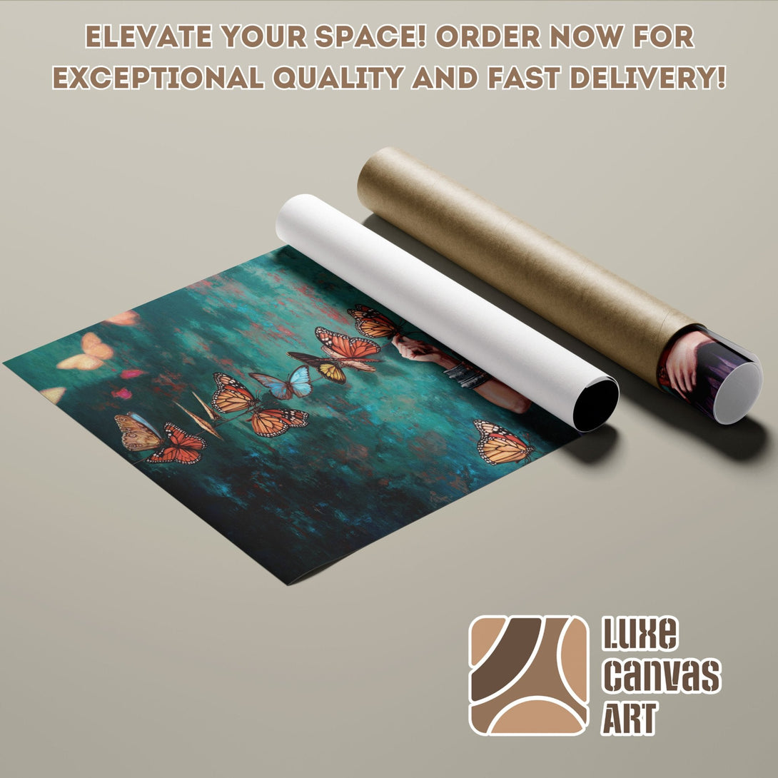 Butterfly art poster roll with teal and orange color palette. Elevate your space with Luxe Canvas Art!
