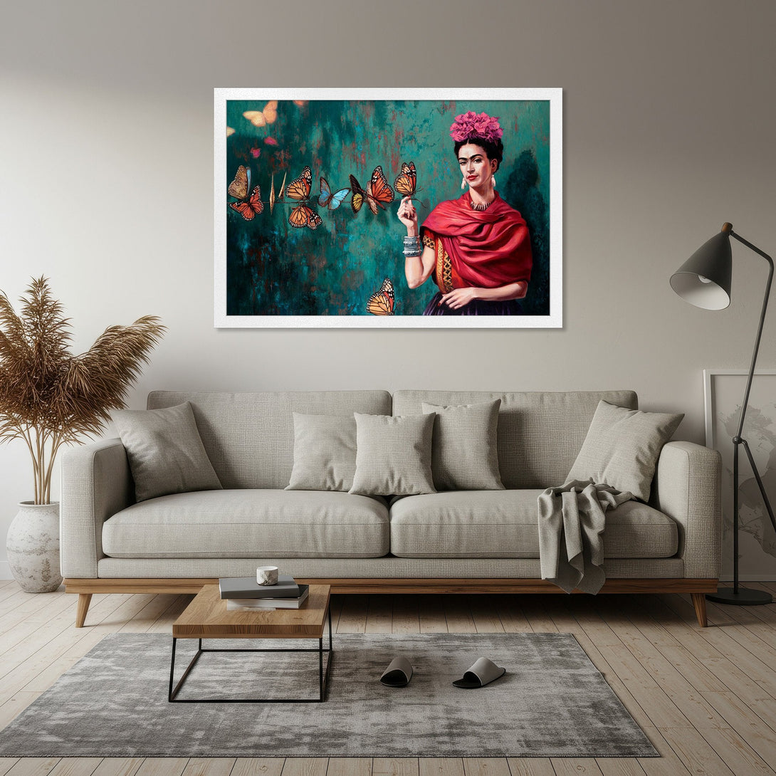 Framed Poster featuring Frida Kahlo with butterflies, vibrant colors, and a teal background. Perfect for adding art to your home!