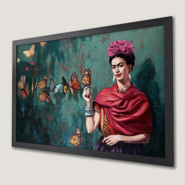 Framed Poster featuring Frida Kahlo with butterflies, vibrant colors on a teal background, a beautiful addition to any art collection.