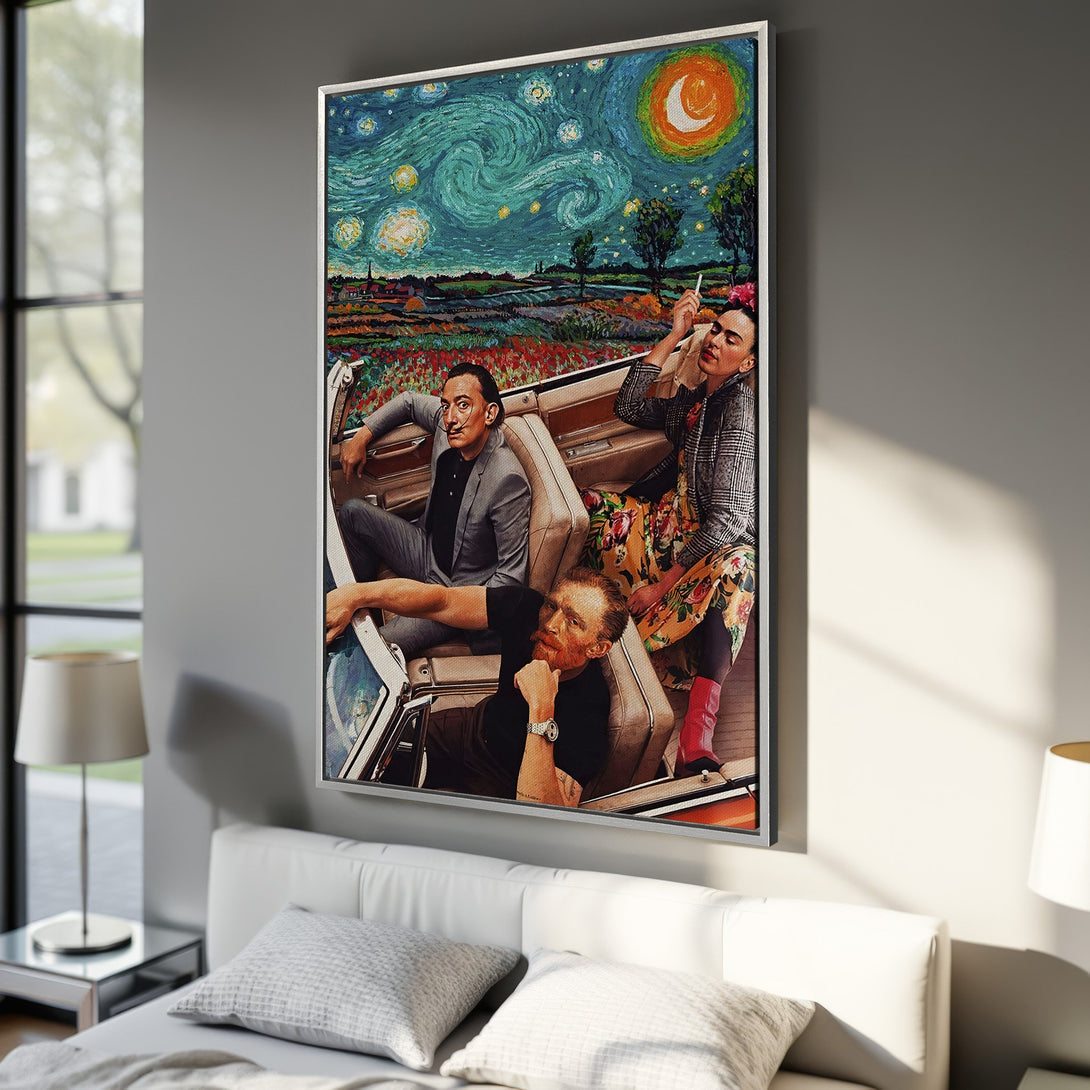 Framed Wall Art featuring iconic artists in a whimsical scene. Vibrant blue, green, and orange color palette. Add a touch of art history to your home!