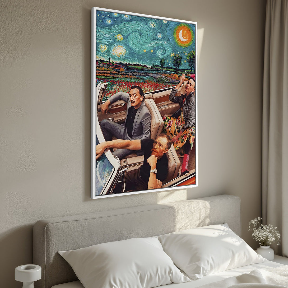 Framed Wall Art featuring a surrealist painting of famous artists in a car, with a vibrant blue, green, and orange color palette. Perfect for adding a pop of art to your space!