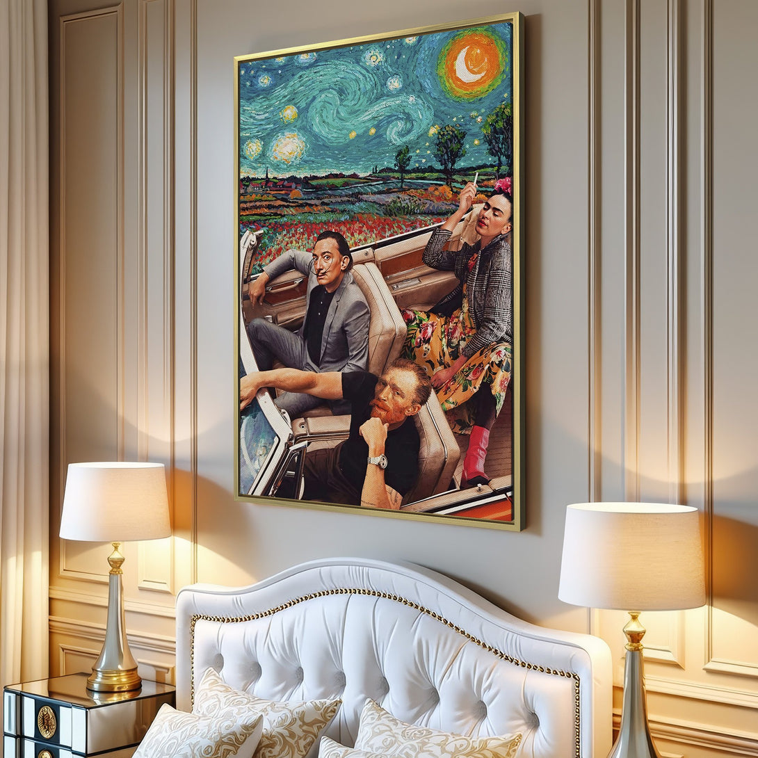 Canvas Print featuring a whimsical art mashup of famous artists in a car, vibrant colors and starry night sky. Unique wall art for any space!
