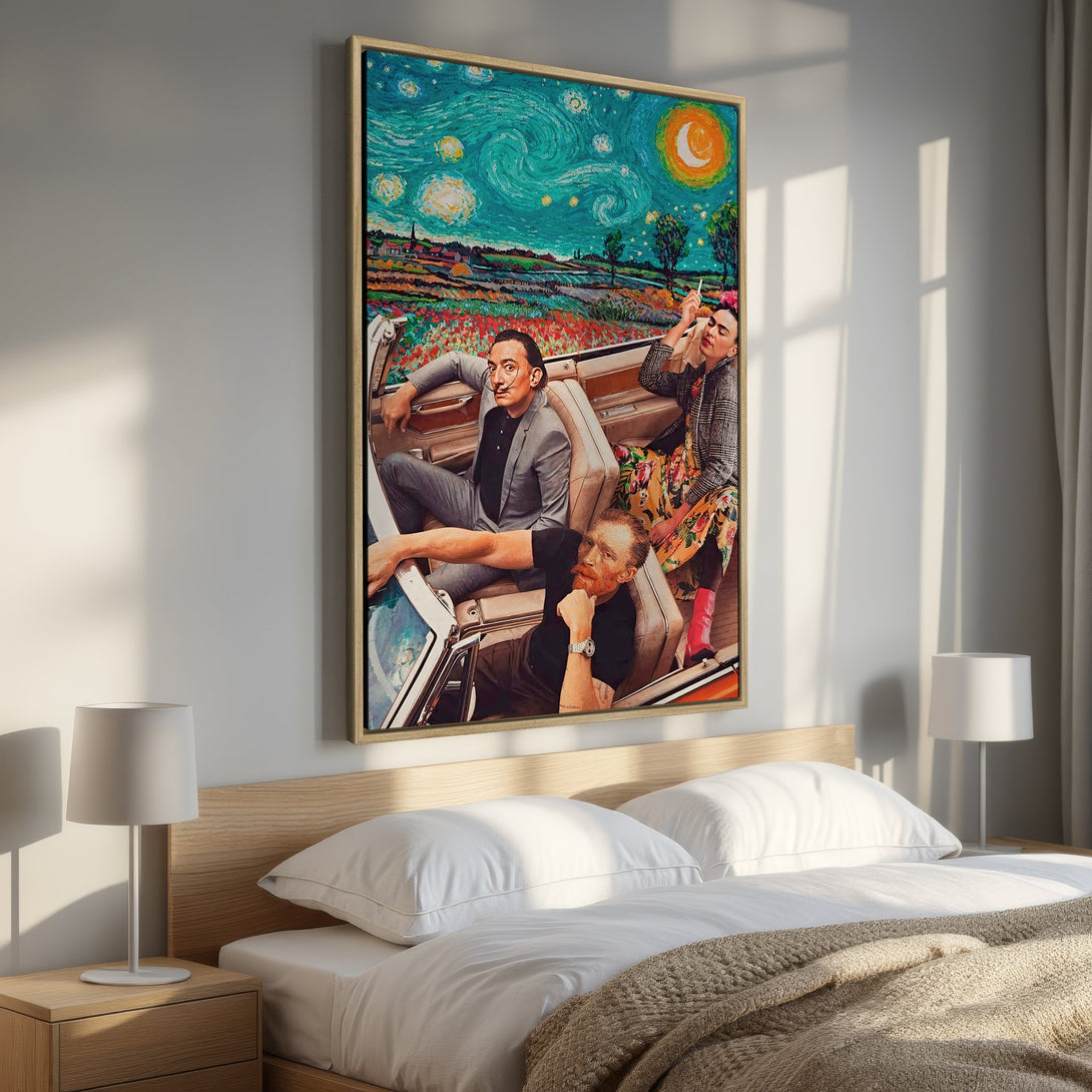 Framed Wall Art featuring a surrealist painting of famous artists in a car, vibrant blue, green, and red color palette, perfect for adding personality to any room.