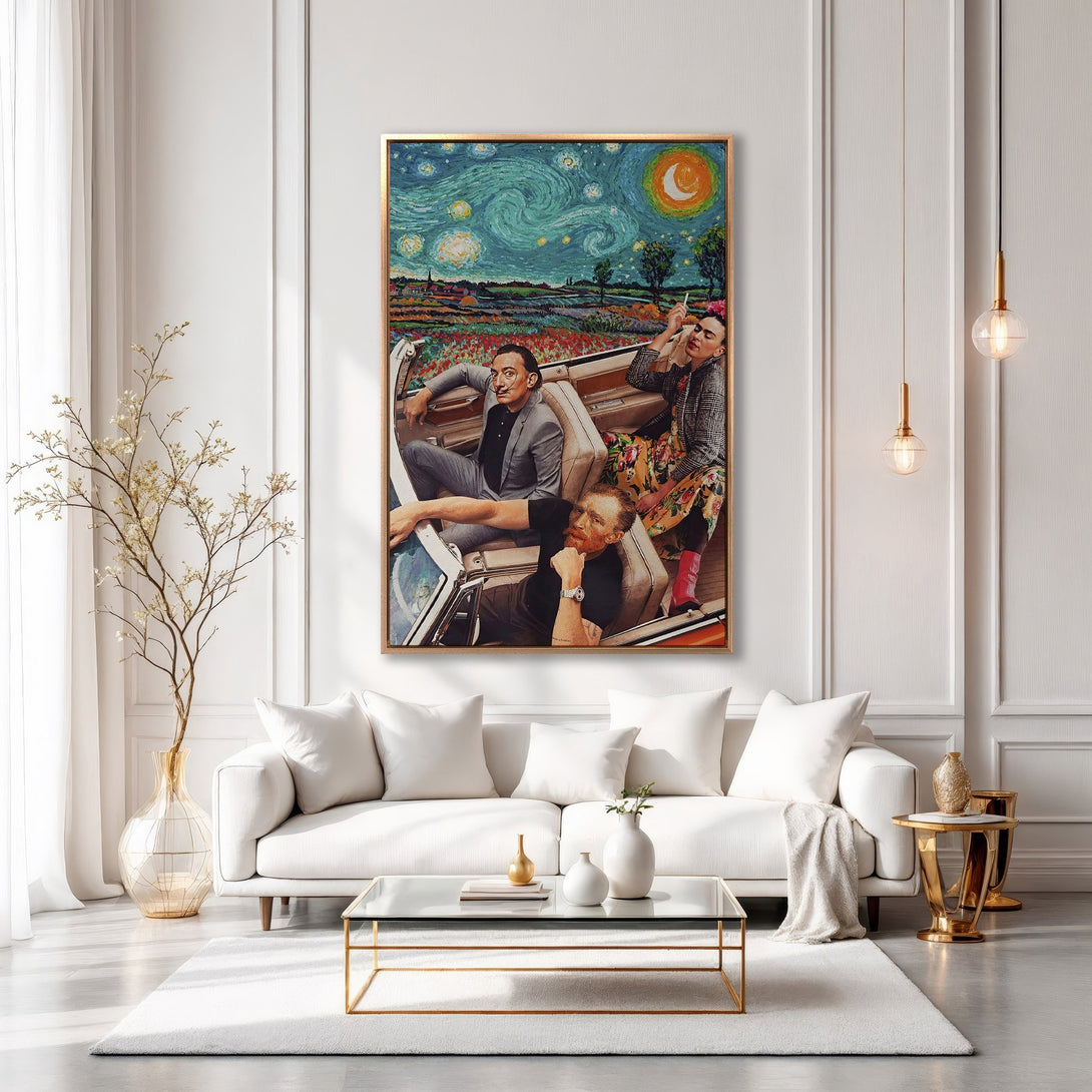 Framed Wall Art featuring a whimsical art mashup with a starry night sky and famous artists. A vibrant, colorful canvas print perfect for any modern interior.