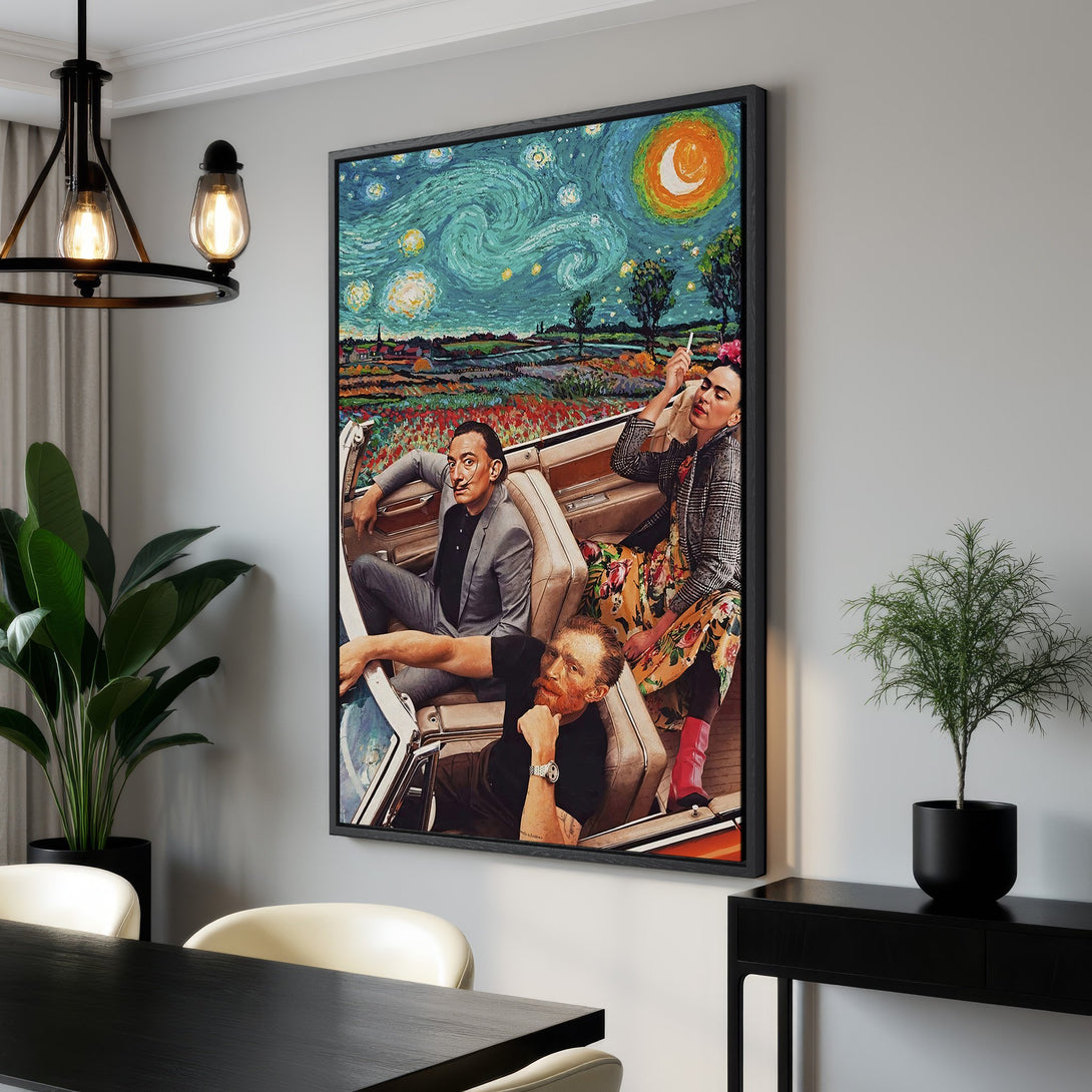 Framed Wall Art featuring iconic artists in a car, vibrant teal and orange sky with colorful landscape. Perfect for modern home decor.