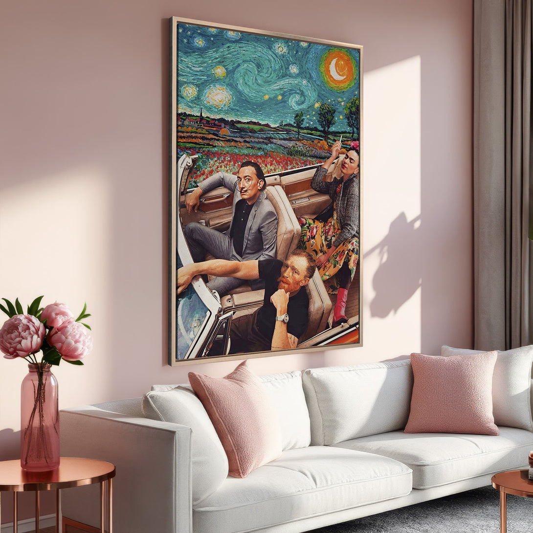 Framed Wall Art featuring famous artists in a car, Van Gogh style, with a vibrant blue and yellow color palette. Perfect for modern home decor.