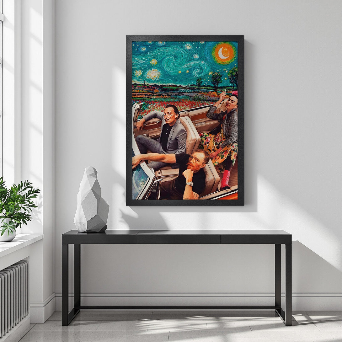 Framed Poster featuring famous artists in a car, set against a Van Gogh-inspired night sky. Vibrant colors and artistic style. Perfect wall art!