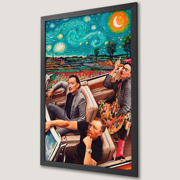 Framed Poster featuring famous artists in a car with a starry night backdrop, vibrant colors, and a surreal style.