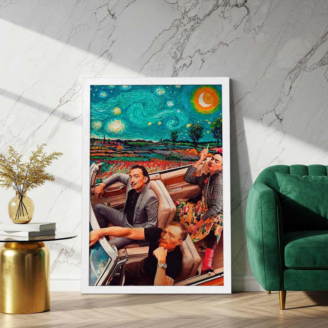 Framed Poster featuring famous artists in a car, Van Gogh style, vibrant teal and orange palette.