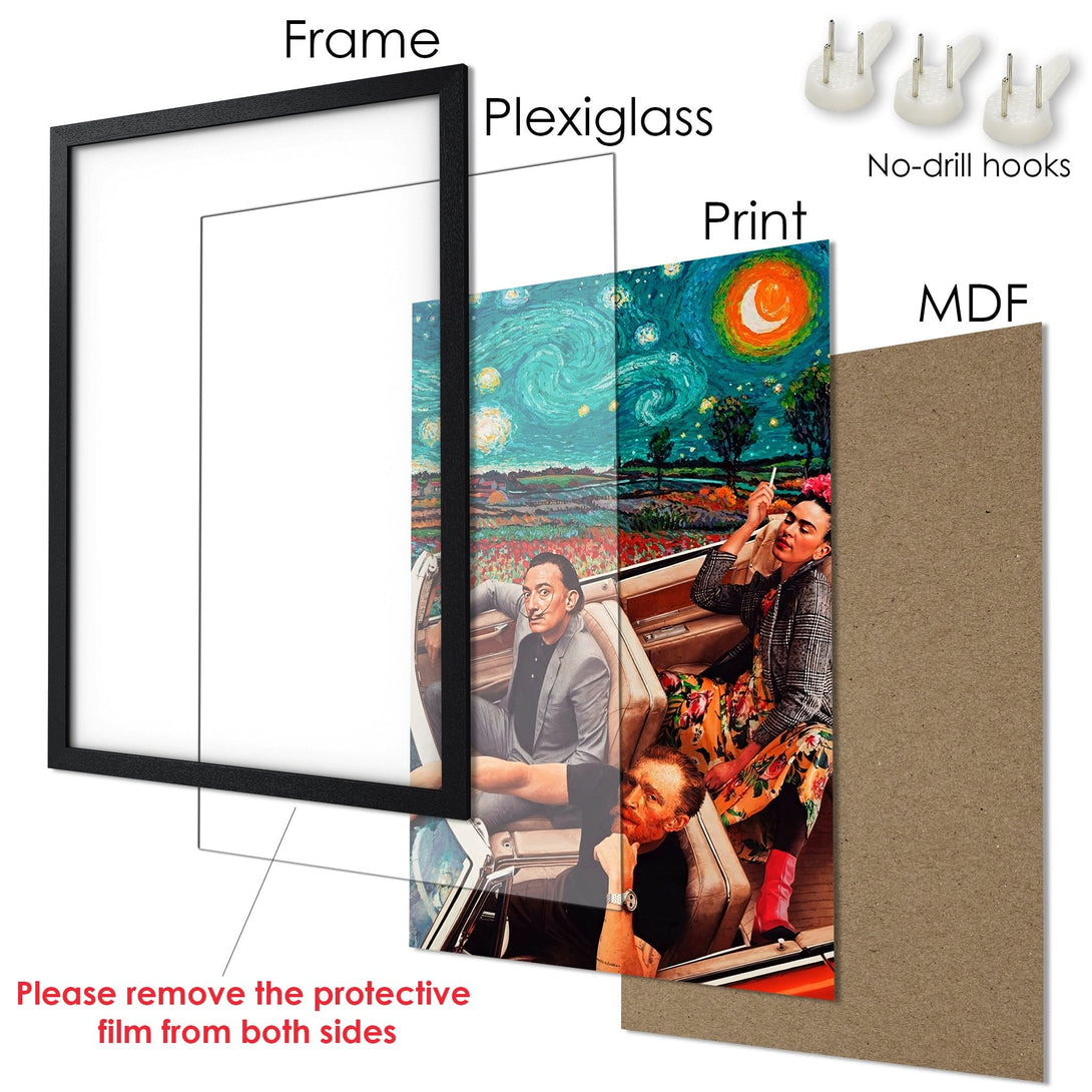 Framed Poster featuring a surreal art print with a vibrant color palette. Perfect wall art for any space.