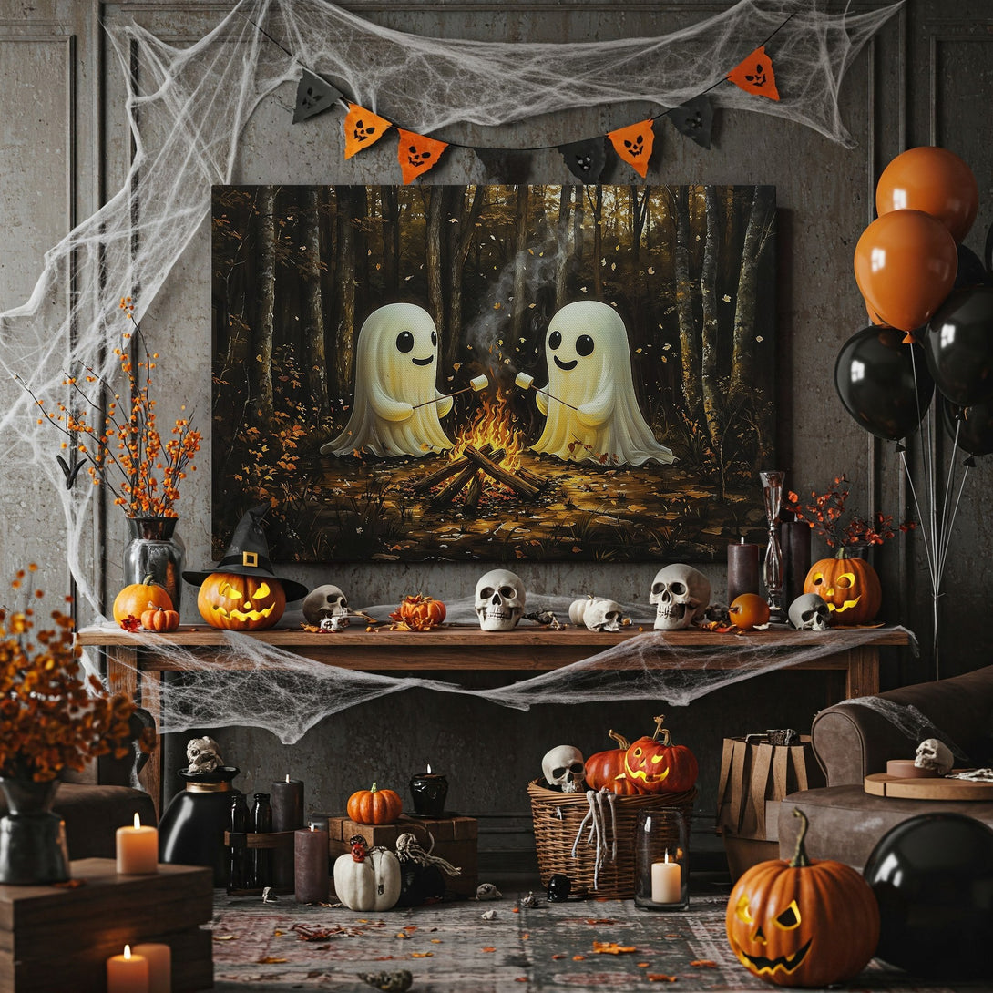 Framed Wall Art: Adorable ghosts roasting marshmallows in a forest scene. Warm autumn color palette. Perfect Halloween decor for your home!