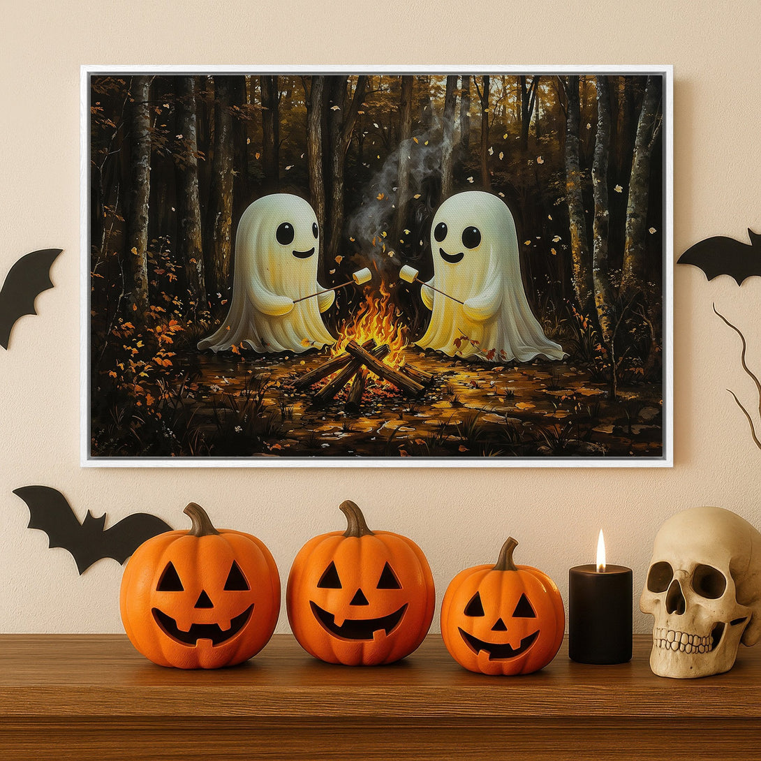 Framed Wall Art: Adorable Halloween ghosts roasting marshmallows in a cozy forest scene. Warm, autumnal color palette perfect for spooky season decor.