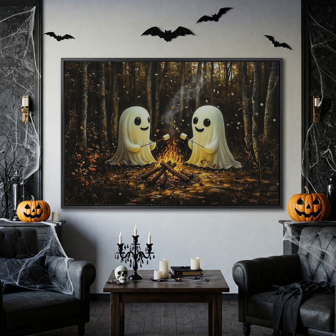 Framed Wall Art: Spooky Halloween scene with two ghosts roasting marshmallows by a campfire in a forest. Warm, autumnal color palette. Perfect for Halloween decor!