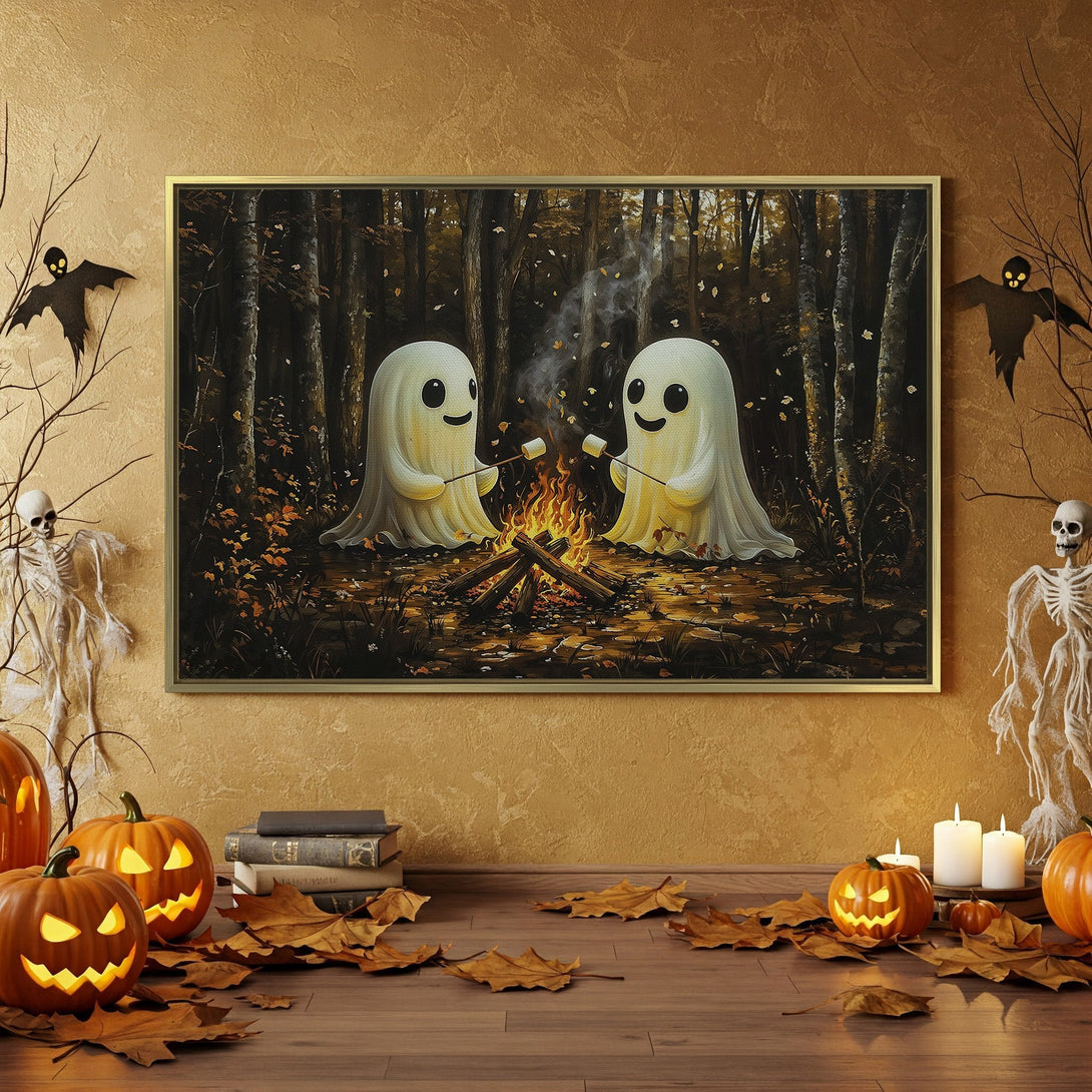 Halloween Canvas Print featuring cute ghosts roasting marshmallows in a forest, warm orange and black color palette, perfect for spooky decor.