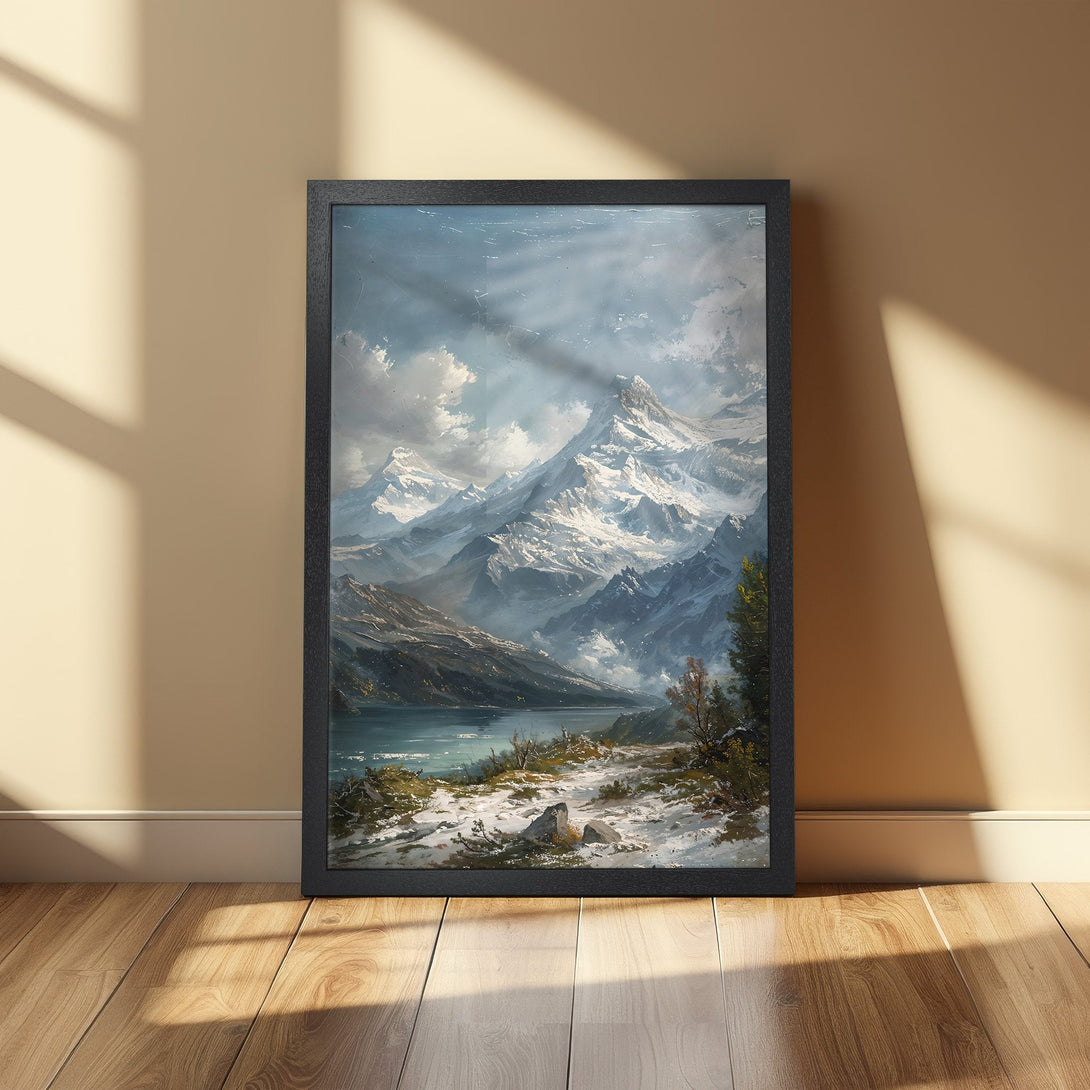 Framed Poster of a majestic mountain landscape. Oil painting style with cool blue, gray, and white tones. Perfect for home decor.