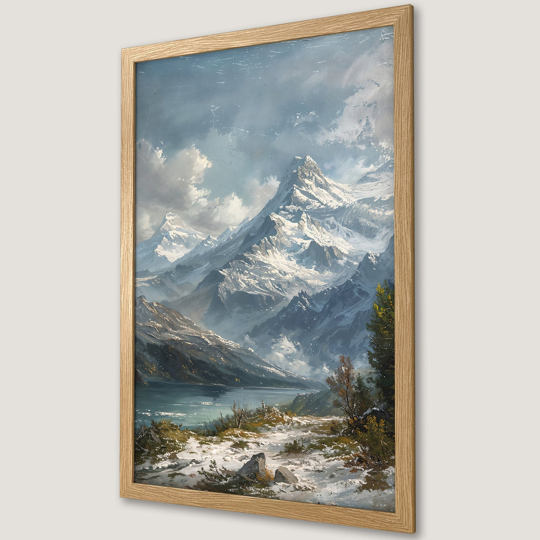 Framed Poster featuring a majestic mountain landscape painting with a cool blue and white color palette, perfect for home decor.