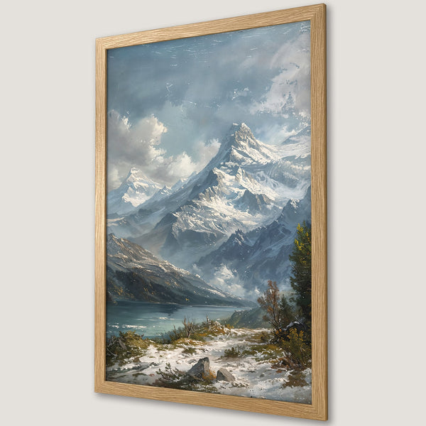 Framed Poster featuring a majestic mountain landscape painting with a cool blue and white color palette, perfect for home decor.