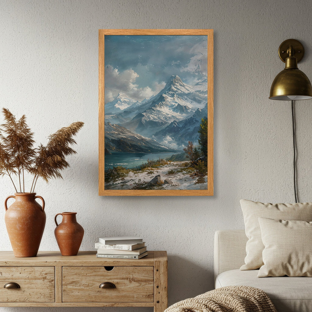 Framed Poster featuring a mountain landscape painting in a classic style with a cool, muted color palette. Perfect wall art!