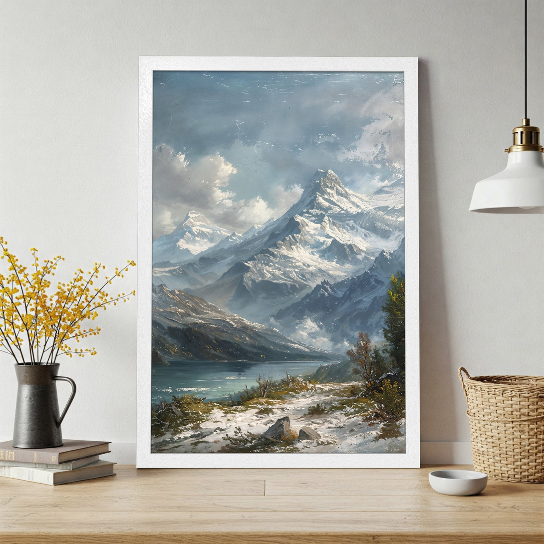 Framed Poster of majestic mountain landscape in cool blue and gray tones. Perfect art print for your home.