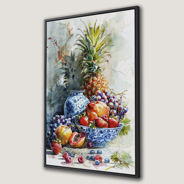 Framed Wall Art: Watercolor still life of fruits, including pineapple and grapes. Featuring a blue and white color palette, perfect for kitchen decor.