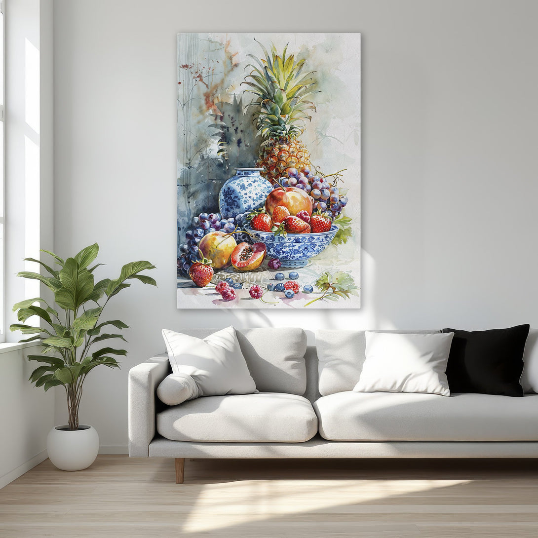 Framed Wall Art: Watercolor still life of fruit in a luxury bedroom. Featuring a pineapple, grapes, and berries in a warm, inviting color palette.