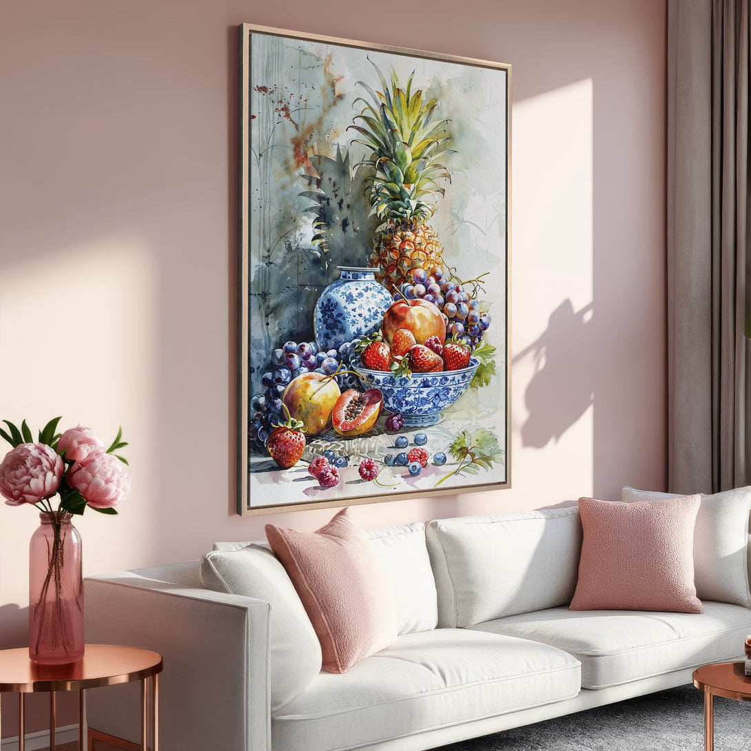 Framed Wall Art: Watercolor still life of fruit in a soft, romantic style. Features a warm, pink and blue color palette, perfect for adding elegance to any space.