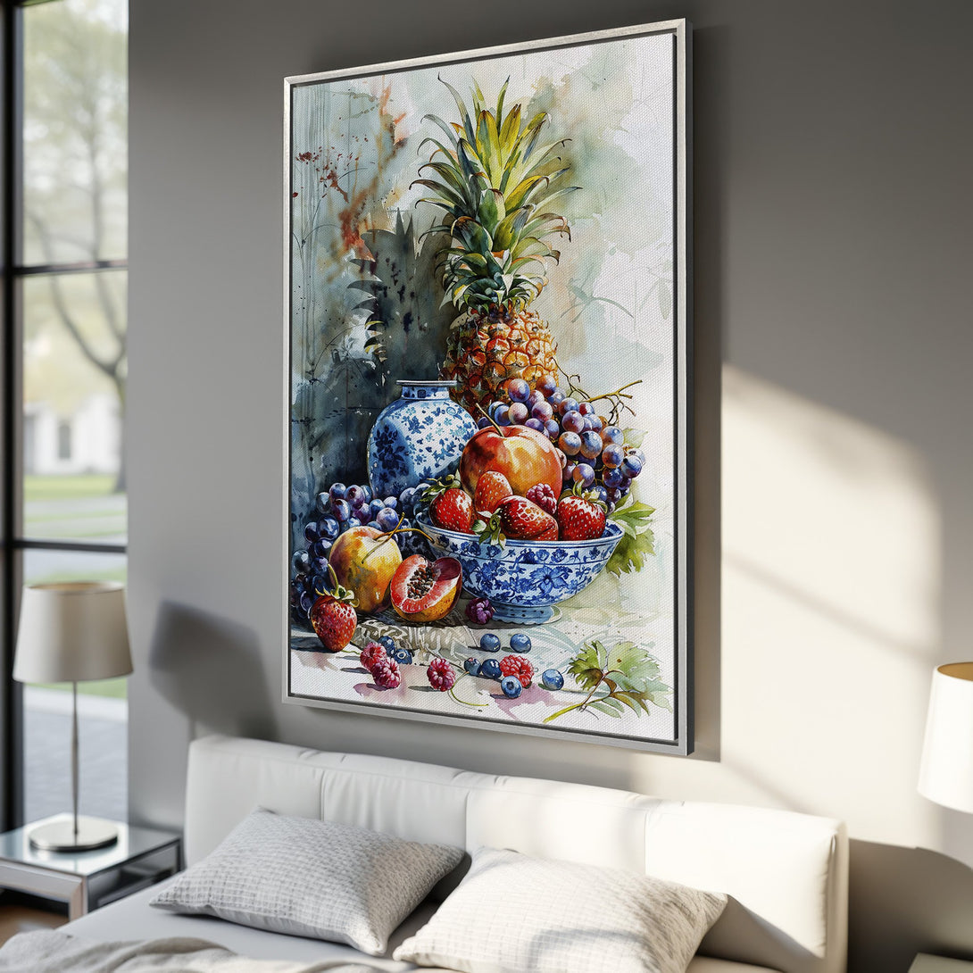 Framed Wall Art: Watercolor still life of fruit, including pineapple, grapes, and berries. Beautiful blue, green, and red color palette, perfect for kitchen or dining room decor.