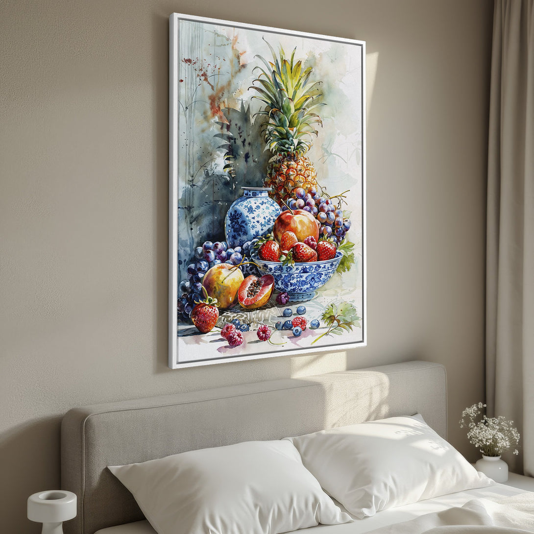 Framed Wall Art: Watercolor still life of fruit, including pineapple, grapes, and strawberries. Soft, colorful palette adds elegance to any room. Shop now!