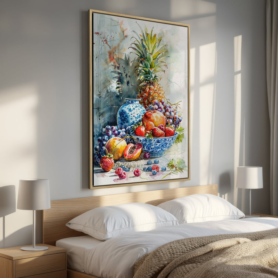 Framed Wall Art: Watercolor still life of fruit in a bedroom. Featuring pineapple, grapes, and strawberries in a blue and white color palette. Perfect bedroom decor.