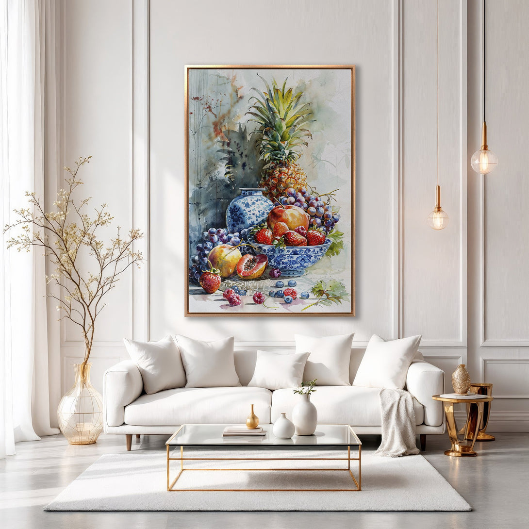 Framed Wall Art: Watercolor still life of fruit in a bright, airy living room. Featuring a pineapple, grapes, and peaches in a blue and gold color palette.