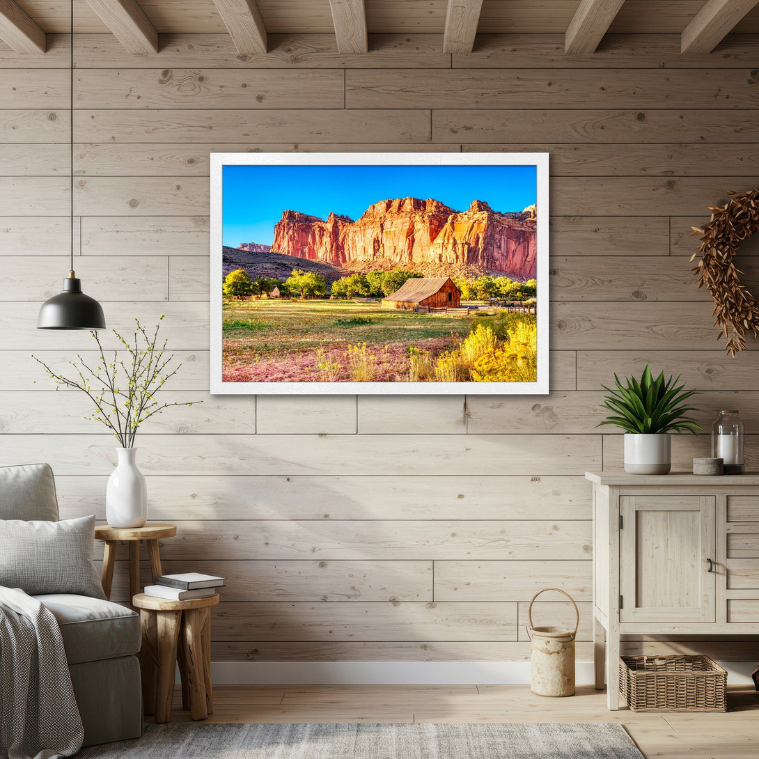 Framed Poster of a scenic landscape with red rock formations, warm color palette, perfect for home decor.