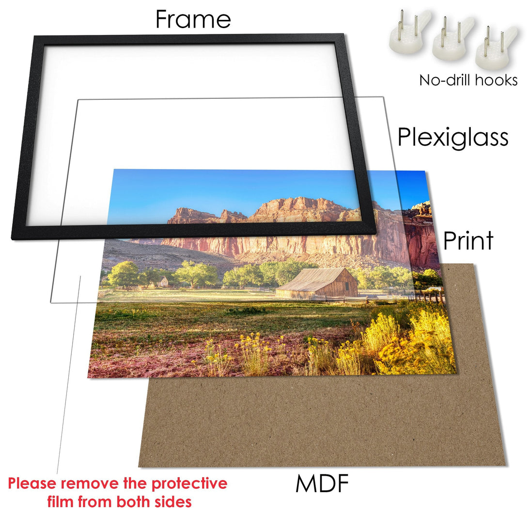 Framed Poster featuring a scenic landscape with a barn, in warm, earthy tones. Perfect wall art!