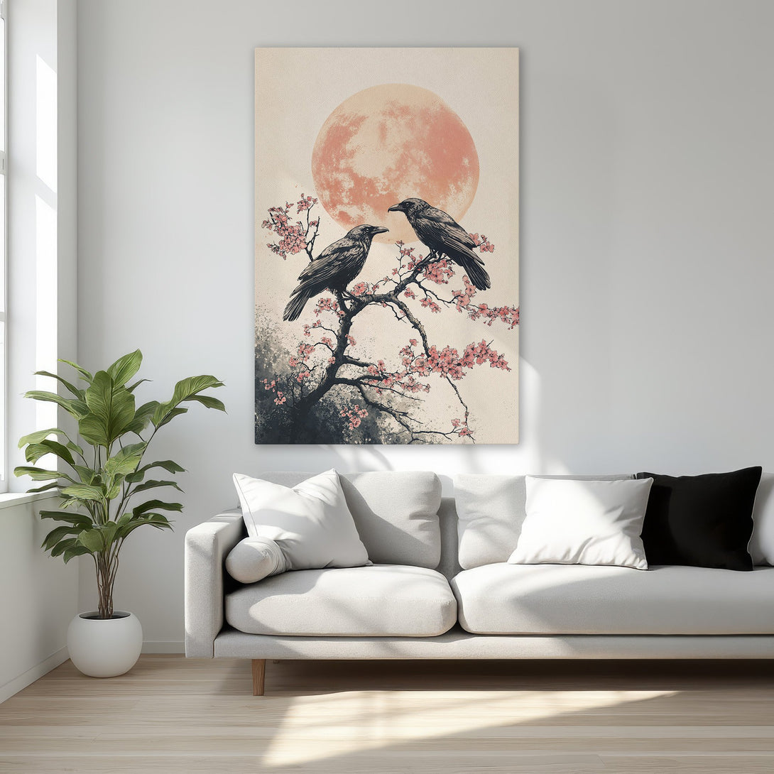 Framed Wall Art featuring crows on a blossoming branch, with a peach moon. Japanese-inspired art with a neutral and peach color palette. Perfect for bedroom decor.