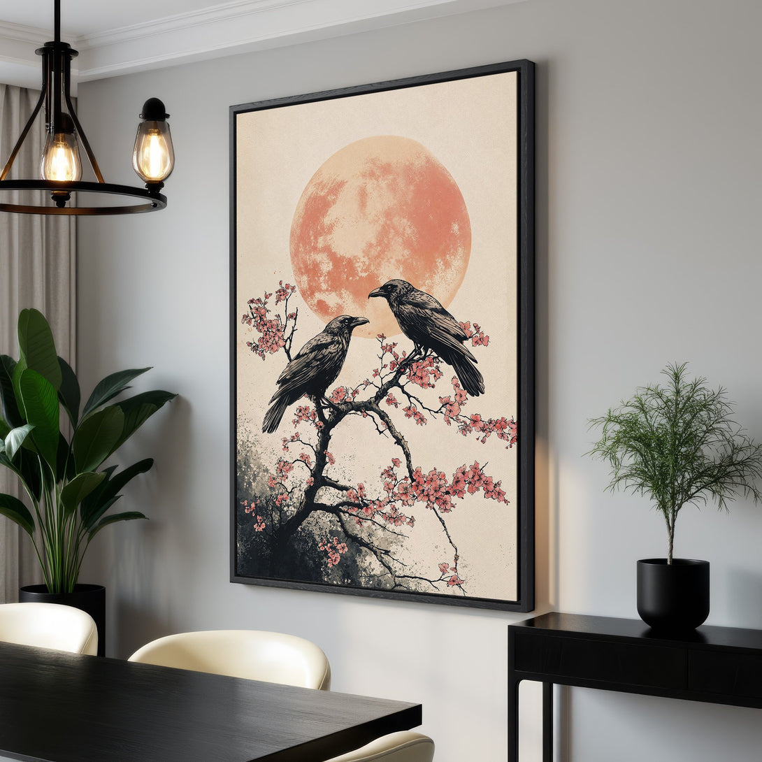 Framed Wall Art featuring a Japanese-inspired design with crows, cherry blossoms, and a peach-toned moon. Perfect for adding a touch of zen to your home decor.