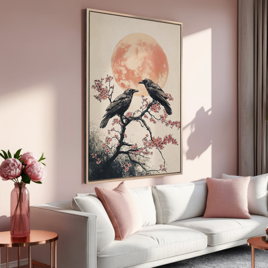 Framed Wall Art: Elegant crows on a cherry blossom branch with a sunset background. Soft pink & neutral color palette. Perfect for modern home decor.