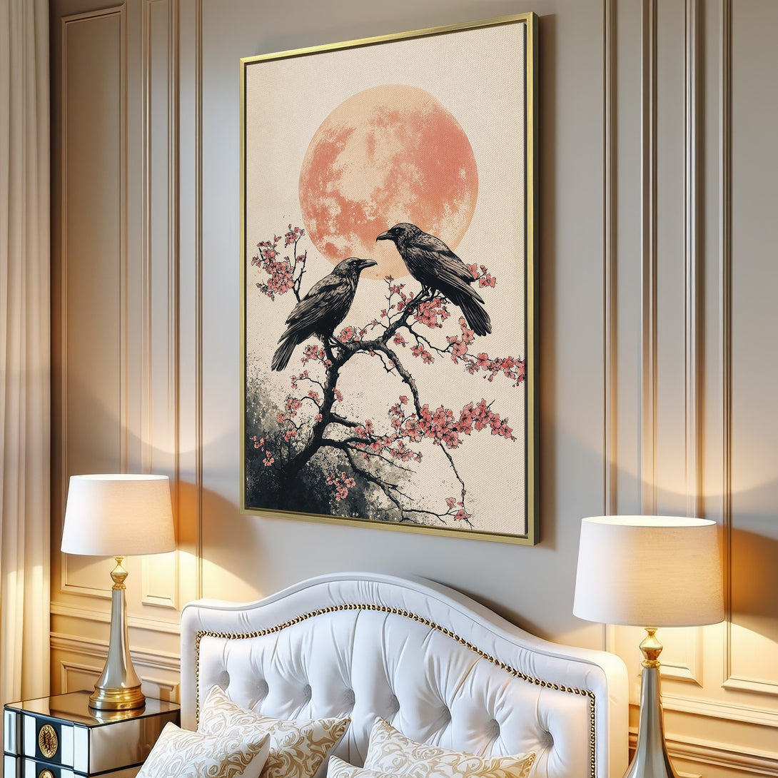 Canvas Print featuring two ravens on a blossoming tree with a peach moon. Asian-inspired art in muted pinks, grays, and beige. Perfect wall decor!