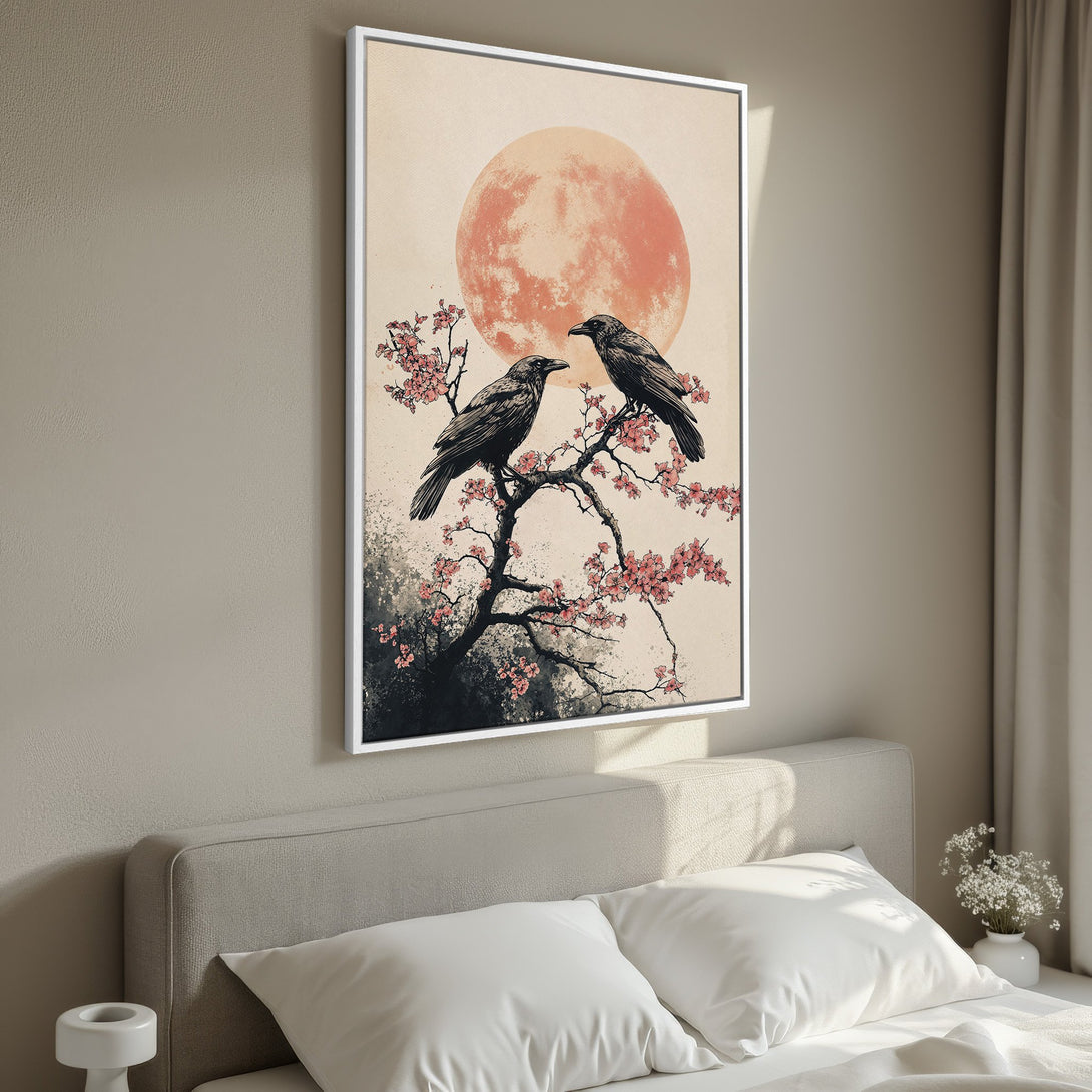 Framed Wall Art featuring two ravens on a flowering branch, Japanese style. Soft peach and black color palette. Perfect for bedroom decor.